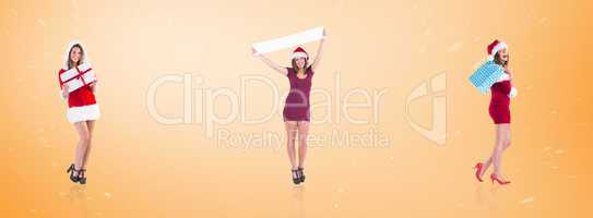 Composite image of festive brunette holding shopping bags