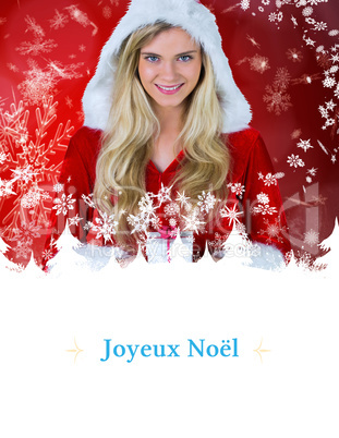 Composite image of pretty girl in santa outfit holding gift