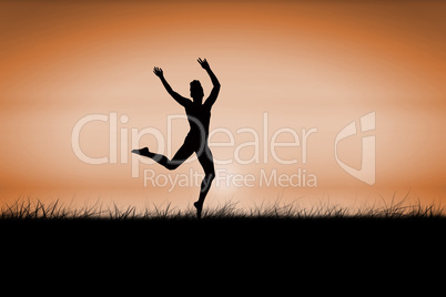 Composite image of fit brunette jumping and posing