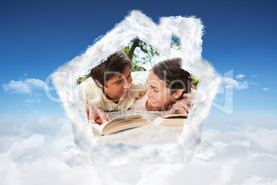 Composite image of two friends looking at each other while readi