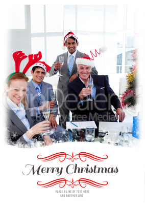 Composite image of manager and his team toasting with champagne