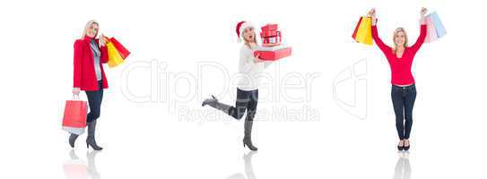 Composite image of happy blonde holding shopping bags