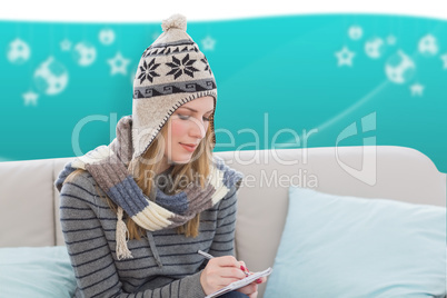 Composite image of woman writing down a list