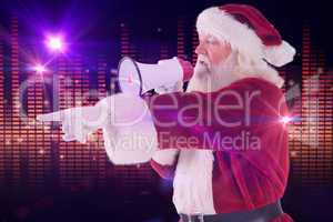 Composite image of santa points at something and uses a megaphon