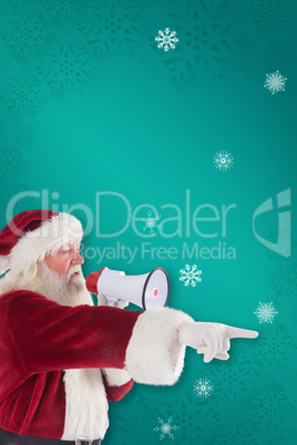 Composite image of santa points at something and uses a megaphon
