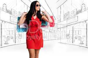 Composite image of woman standing with shopping bags