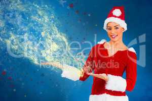 Composite image of pretty santa girl presenting with hands