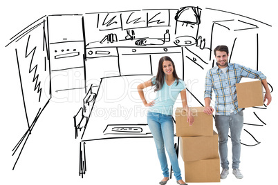 Composite image of attractive young couple with moving boxes