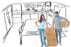 Composite image of attractive young couple with moving boxes