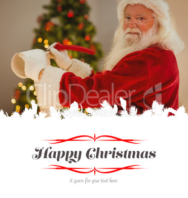 Composite image of smiling santa claus writing list