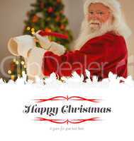 Composite image of smiling santa claus writing list