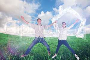 Composite image of couple jumping and holding hands