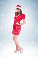Composite image of stylish brunette in red dress