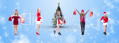 Composite image of pretty santa girl presenting with hand