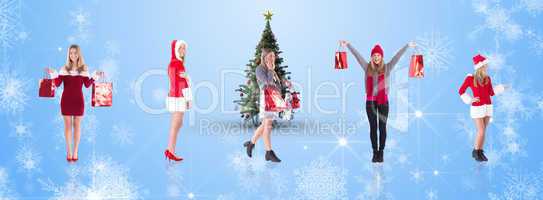 Composite image of pretty santa girl presenting with hand