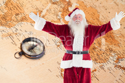 Composite image of jolly santa opens his arms to camera