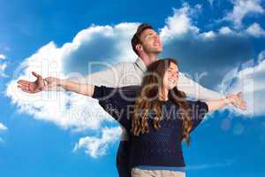 Composite image of romantic young couple with arms out