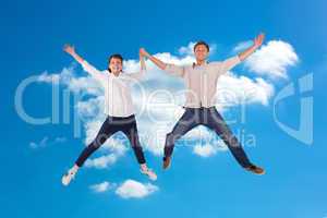 Composite image of couple jumping and holding hands