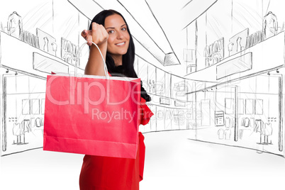 Composite image of woman standing with shopping bag