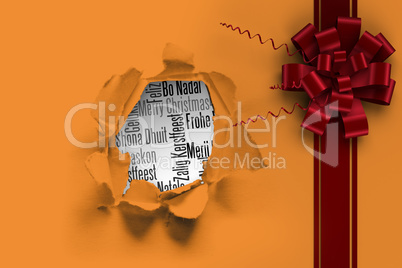 Composite image of red christmas bow and ribbon