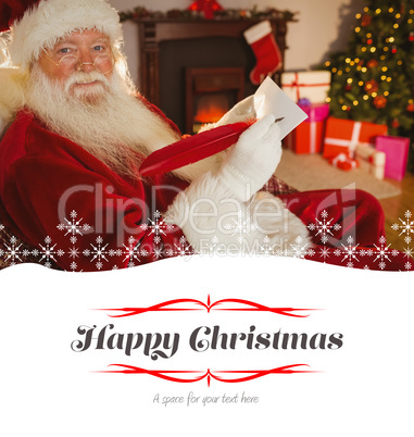 Composite image of smiling santa writing list with a quill