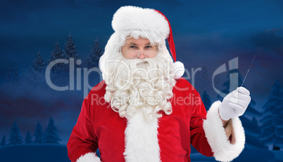 Composite image of portrait of perplexed santa holding