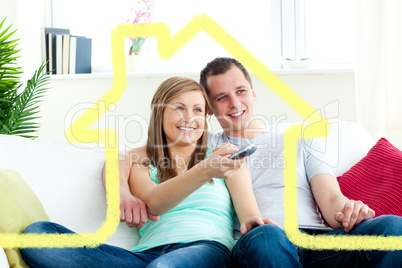 Composite image of charismatic man embracing his girlfriend whil