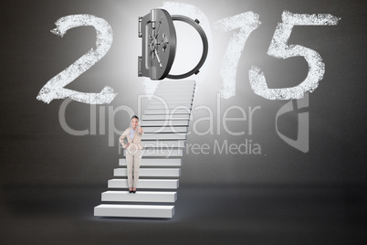 Composite image of smiling asian businesswoman pointing