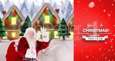 Composite image of santa delivery presents to village