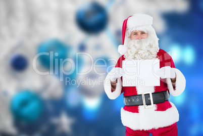 Composite image of smiling santa claus holding page