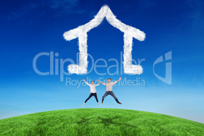 Composite image of couple jumping and holding hands