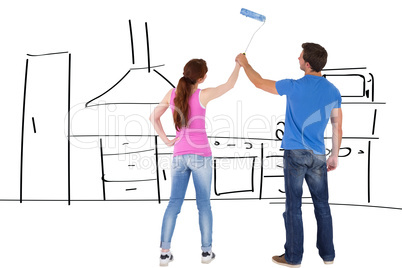 Composite image of couple painting a wall together