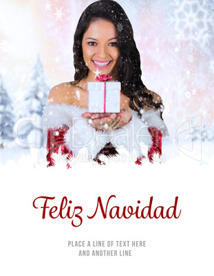 Composite image of pretty girl in santa outfit holding gift