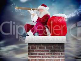 Composite image of santa claus looking through telescope