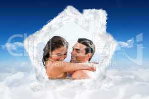 Composite image of couple hugging in the pool
