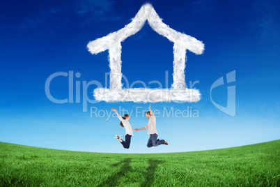 Composite image of couple jumping and holding hands