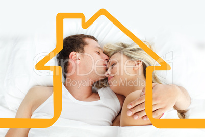 Composite image of boyfriend kissing her girlfriend in bed