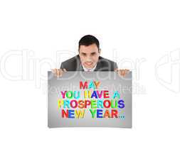 Composite image of businessman looking over wall