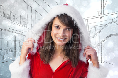 Composite image of smiling pretty brunette looking at camera