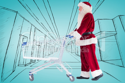 Composite image of santa pushes a shopping cart