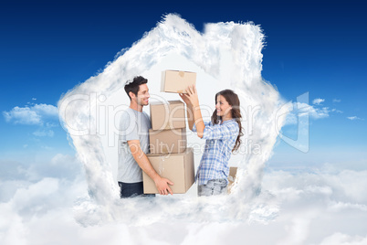 Composite image of woman giving boxes to her husband while they