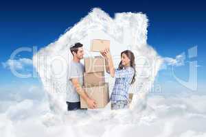 Composite image of woman giving boxes to her husband while they