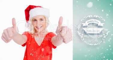 Composite image of smiling young woman putting her thumbs up in