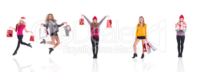 Composite image of festive blonde carrying gift bags