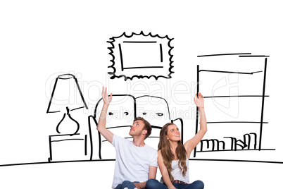 Composite image of happy young couple with hands raised