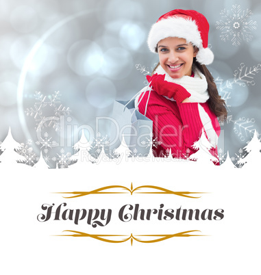 Composite image of festive brunette holding shopping bag Composite image of festive brunette holding shopping bag