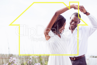 Composite image of romantic couple dancing and smiling