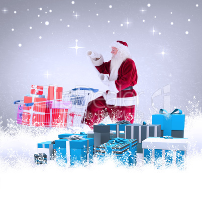 Composite image of santa pushes a shopping cart while reading