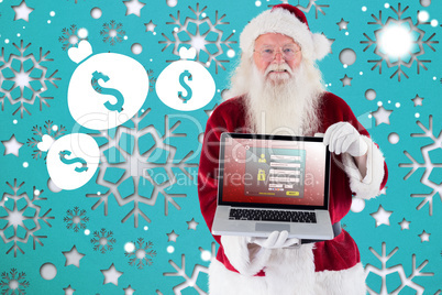 Composite image of santa claus presents a laptop