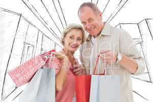 Composite image of couple with shopping bags